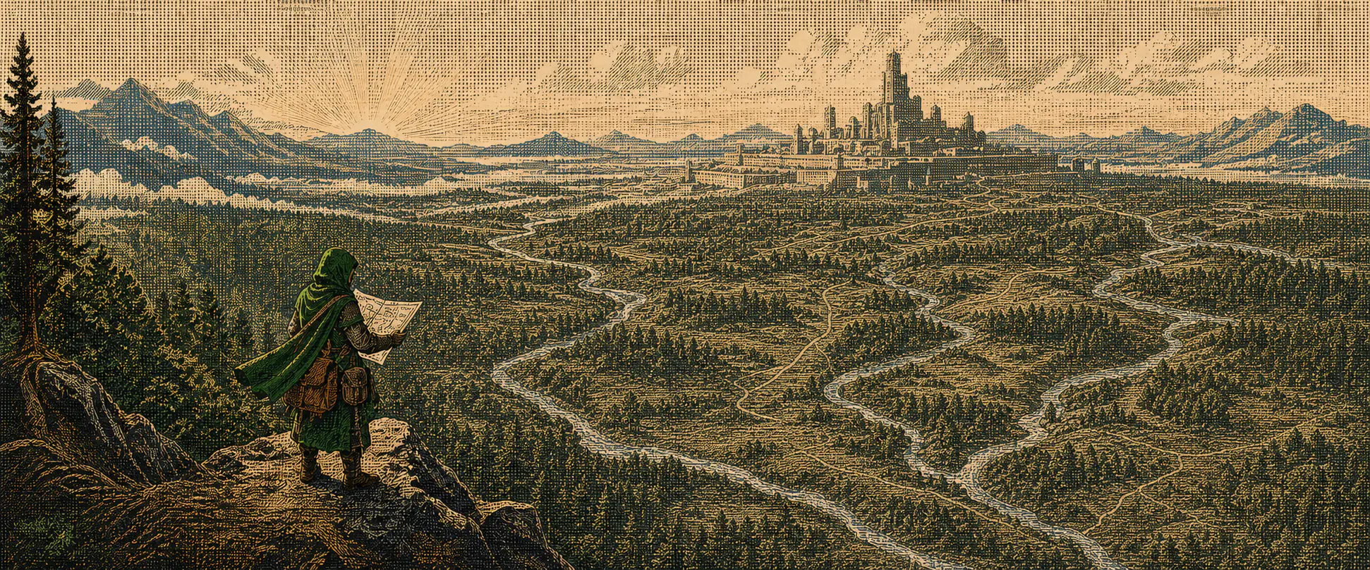 An engraved observer in a forest-green cloak looking out over a valley of connected liquidity routes.